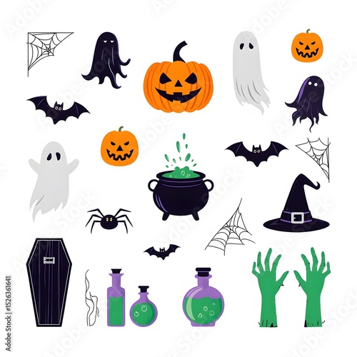 A collection of festive and spooky halloween illustrations in flat vector style