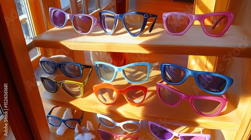 Stylish display of trendy sunglasses arranged neatly on a shelf for a fashionable summer look