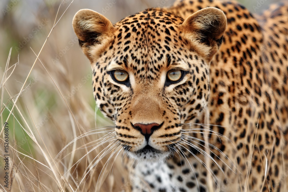 Obraz premium Leopard staring through tall grass in african savanna