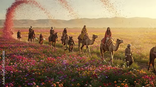 Nomadic journey through a vibrant flower field with riders on camels and horses