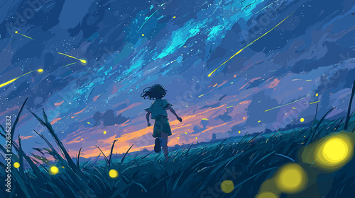 星降る夜に草原を駆ける少女のベクターイラスト