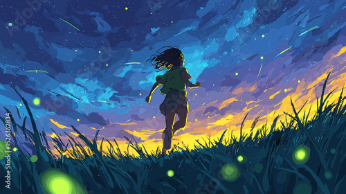 星降る夜に草原を駆ける少女のベクターイラスト