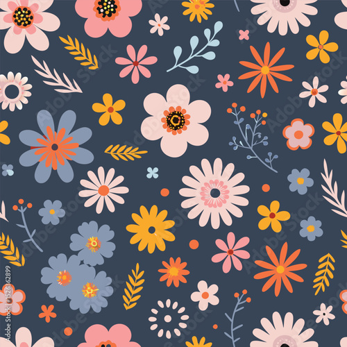 Seamless floral pattern with colorful hand drawn flowers and decorative elements on navy blue background