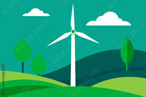 Wind turbines stand tall in a green field, generating clean, renewable energy against a blue sky