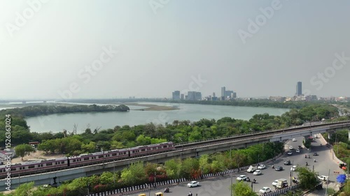 An Aerial Shot of Delhi Metro at Kalindi Kunj Bridge in Delhi, NCR, India
