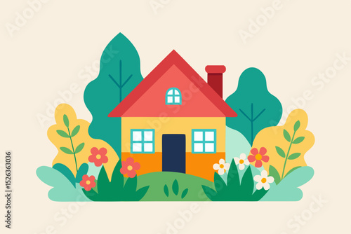 A charming cartoon house with colorful flowers, a lush tree, and green grass creates an idyllic summer village landscape