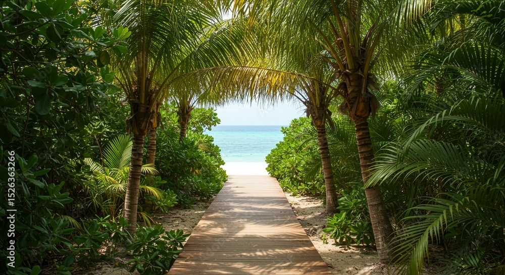 Wooden Pathway Through Tropical Jungle to Beach Wooden Pathway Through Tropical Jungle to Beach