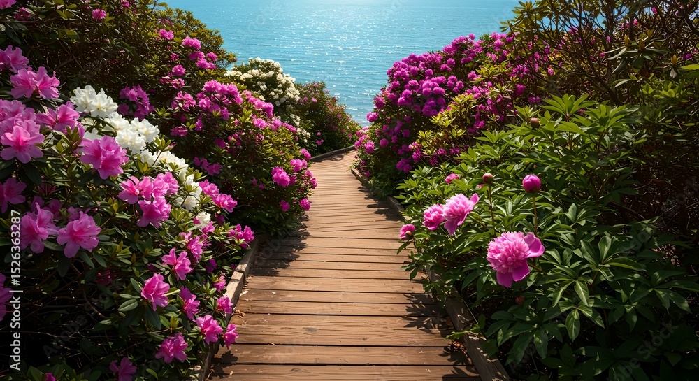 Fototapeta premium Floral Pathway Leading to the Ocean on a Sunny Day. Wooden walkway 