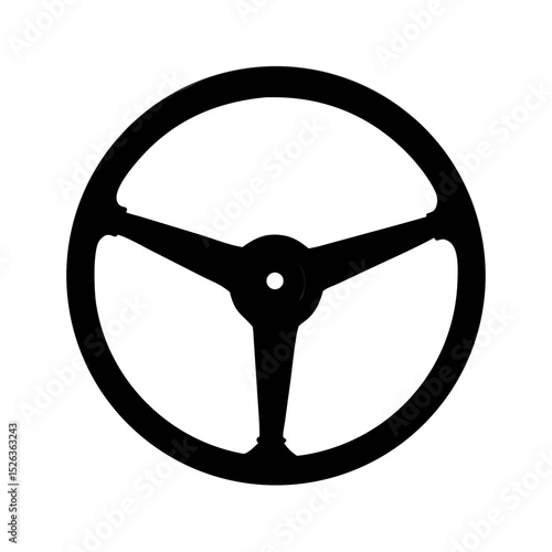 Simple black steering wheel graphic icon.