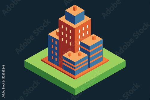 Isometric vector illustration of modern city architecture with various buildings and urban elements