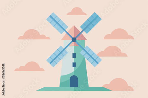 Old Dutch windmills stand tall against the blue sky, powering the agricultural landscape of the rural countryside