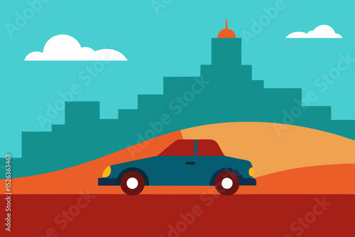 Vector illustration of a retro car driving on a city road with a sunny sky and clouds