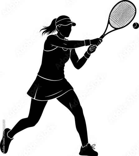 A female tennis player doing a forehand on the ball silhouette vector illustration
