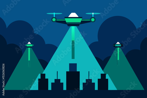 A vector silhouette illustration of a vibrant night city skyline with towering urban architecture under a moonlit sky