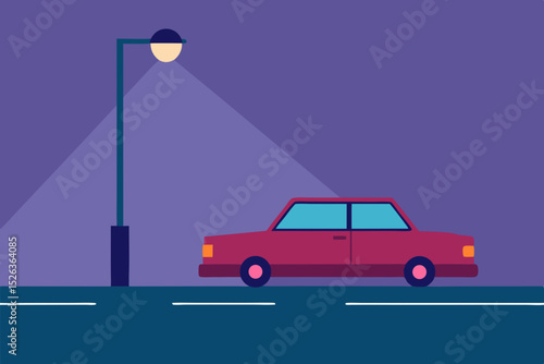 Night Scene Car Parked Under Streetlight Illumination