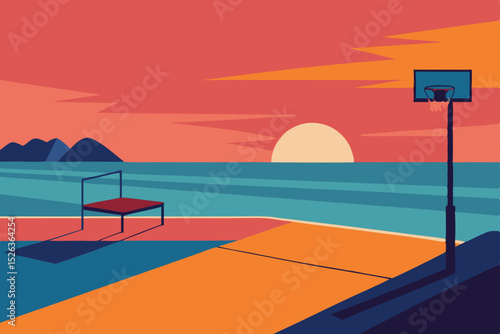 Sunset Basketball Court Oceanfront Hoops and Tranquil Evening Vibes