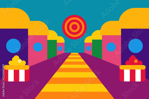 Vibrant Cityscape A Journey Down a Sunny, Striped Path
