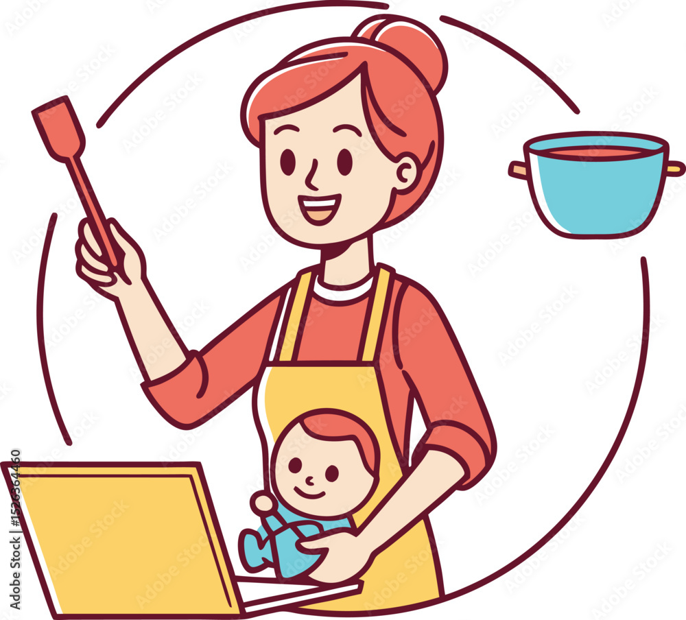 Fototapeta premium Multitasking Mom Cartoon Vector – Supermom Juggling Work, Baby, Cooking & Home Tasks