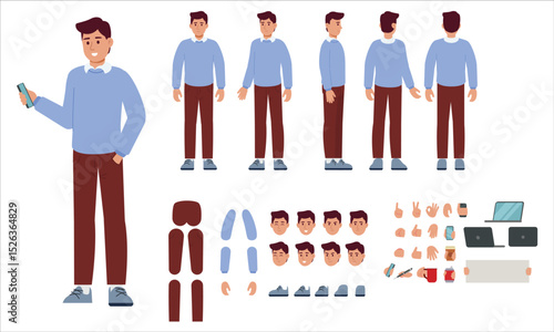 Casual Businessman Man Character Constructor Ready for Animation. Front, Side and Back Body View Set. Body Parts, Postures, Hand Gesture and Poses Collection. Vector illustration. Ready To Use