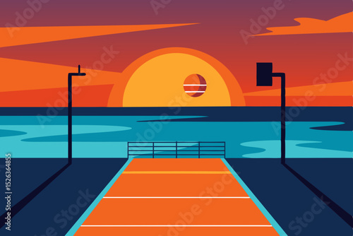 Sunset Beach Basketball Court A Vibrant Illustration of Coastal Sports and Summer Evenings