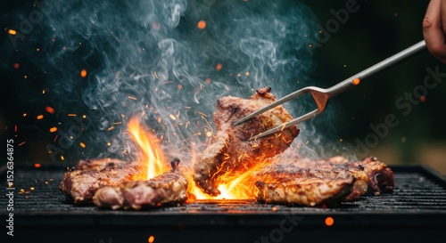 Close up of steaks grilling over open flames with tongs and smoke creating a vibrant scene outdoors