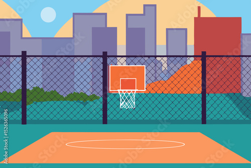 Urban Basketball Court Cityscape Silhouette, Outdoor Hoops, Streetball Scene