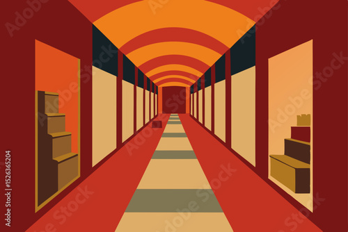 Abstract Red Corridor A Journey Through Geometric Shapes and Warm Hues
