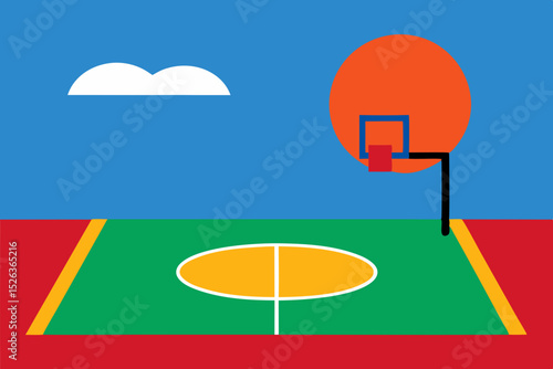 Simple Basketball Court Illustration Minimalist Design of a Sunny Day Game
