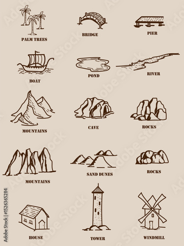 Set of hand drawn vector icons of mountains, windmill, tower, river, pier, bridge, house, rocks. For your historical, fantasy, fairy tale maps and scene designs