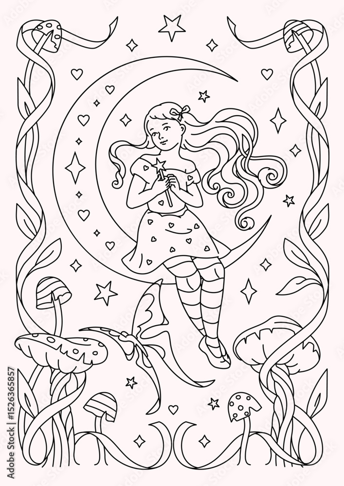 Obraz premium Monochrome line art coloring page. Little witch surrounded by floral forest elements. Fantasy contour graphic. Line art illustration combines elements of mystery and wonder. Black and white color pale