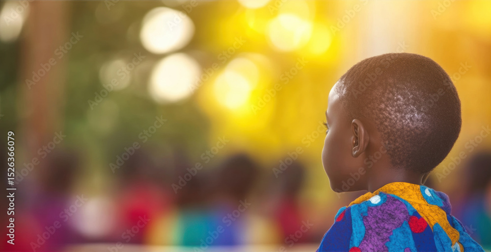 Naklejka premium Child observing surroundings in colorful attire during outdoor gathering