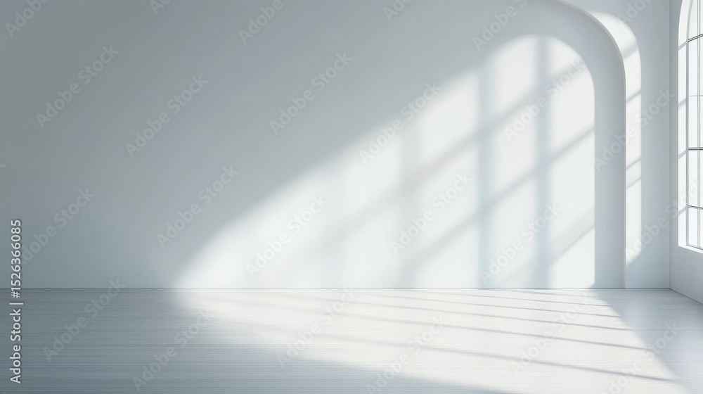 Fototapeta premium Minimalist White Room with Sunlight Shadows 3D Render, Interior Design, Window Light, Architectural Visualization Keywords Sunlight, shadows