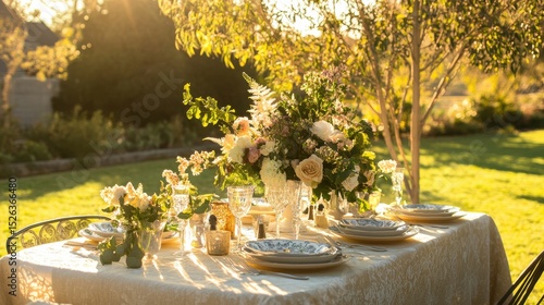 Elegant outdoor dining setup with floral arrangements during golden hour in a garden