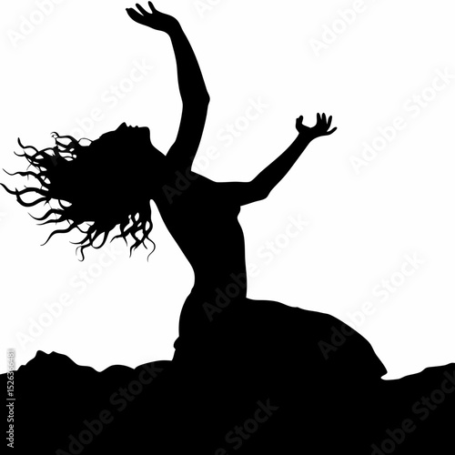 Silhouette of a woman with arms raised and head tilted back in a pose of freedom and expression created with generated ai