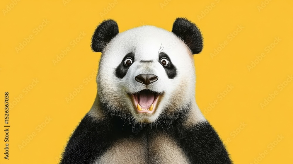 Naklejka premium Surprised Panda Digital Painting, Close-up, Yellow Background, Joyful Expression Panda, Digital Art