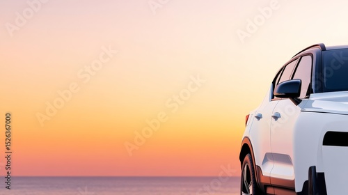 Sunset Seascape with White SUV Side Profile Composition, Coastal Scene, Vehicle Advertisement Keywords Automotive, Transportation