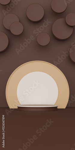 Elegant Podium Stands Within Modern Brown Studio. Vertical view. Mocha Mousse color