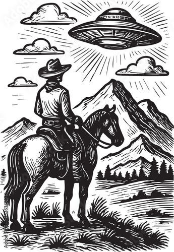 cowboy watching ufo vector illustration