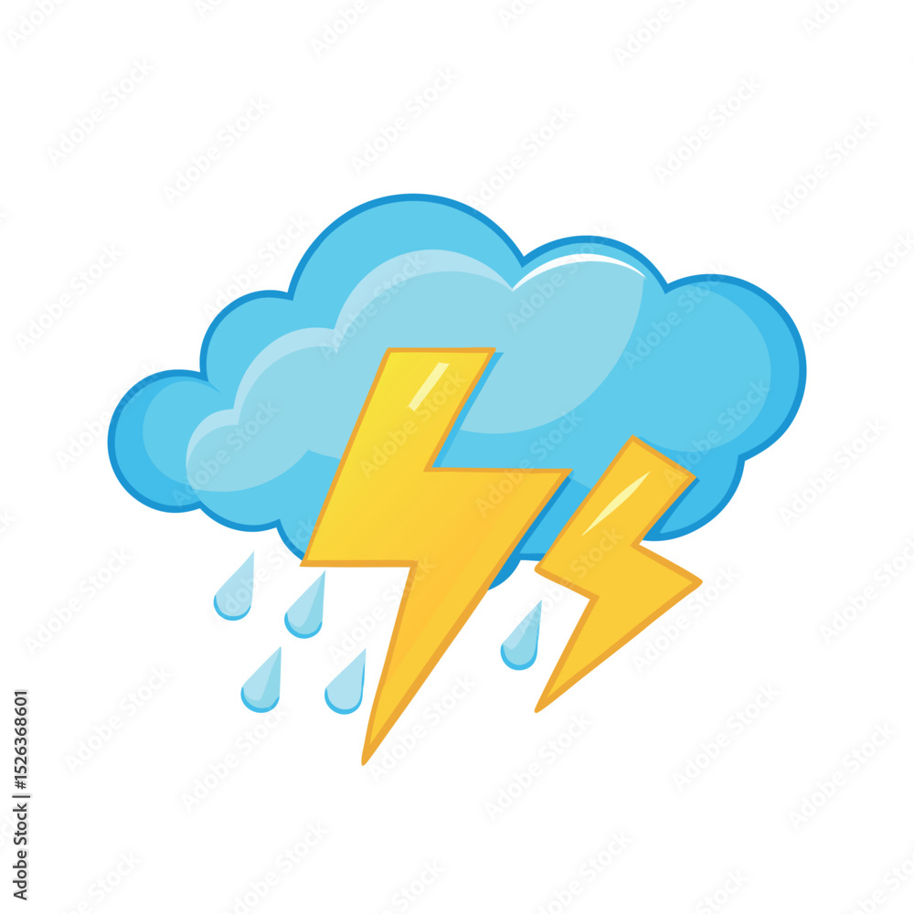 Cartoon illustration of stormy weather with blue cloud rain drops and yellow lightning bolts Cartoon illustration of stormy weather with blue cloud rain drops and yellow lightning bolts