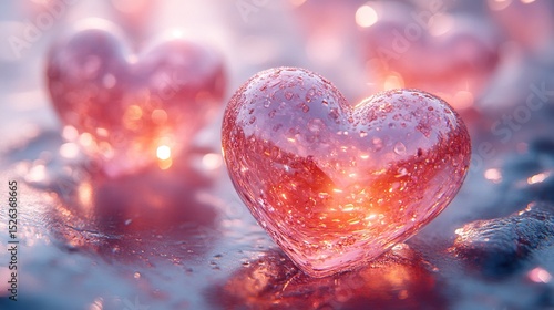 Abstract Valentine's Day art featuring floating 3D metallic hearts with iridescent reflections in a pink and gold color scheme for a luxurious love theme.