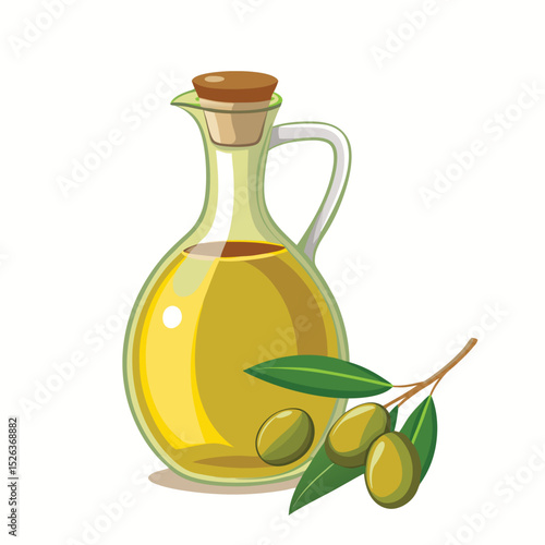 Illustration of a glass pitcher of olive oil with olives and leaves in a vector style