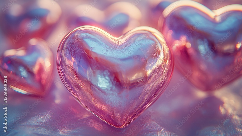 Abstract Valentine's Day art featuring floating 3D metallic hearts with iridescent reflections in a pink and gold color scheme for a luxurious love theme. Abstract Valentine's Day art featuring floating 3D metallic hearts with iridescent reflections in a pink and gold color scheme for a luxurious love theme.