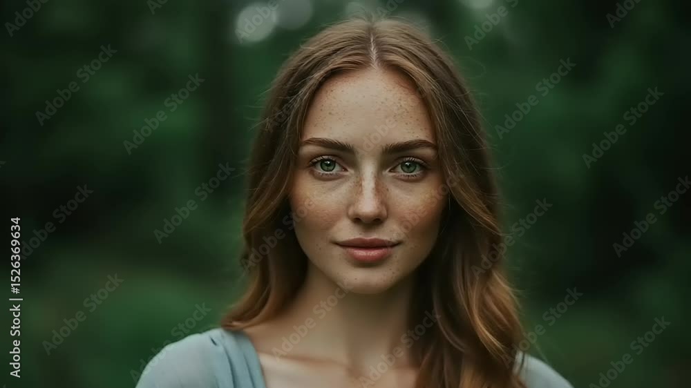 Portrait of a Beautiful Woman with Freckles, Smiling and Looking at Camera in Forest Portrait of a Beautiful Woman with Freckles, Smiling and Looking at Camera in Forest