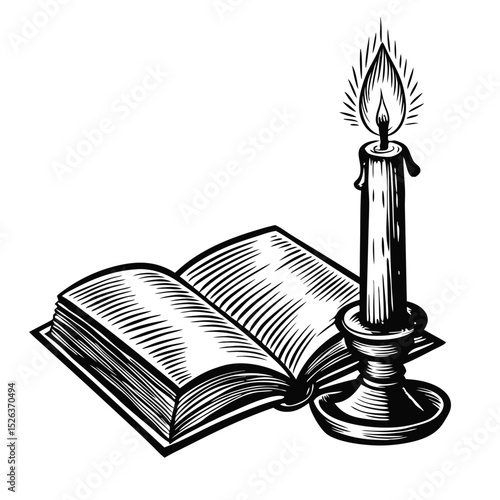Vintage Engraving of Candle Next to Open Book for Literature Blogs, Historical Articles, Education Materials, and Artistic Content  