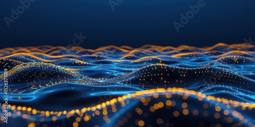 Digital wave of neural networks glowing in orange and blue lines. AI-generated.