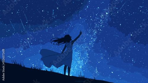星空に手を伸ばす少女の幻想的なベクターイラスト