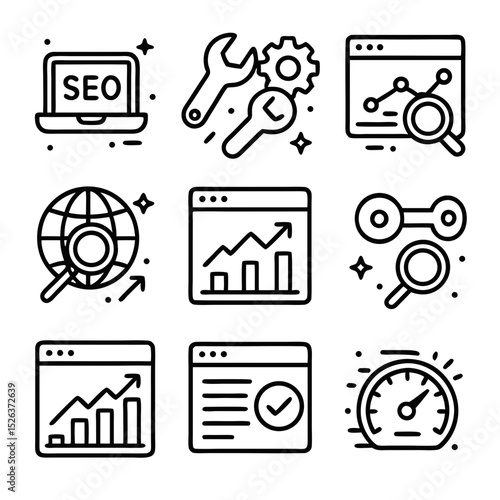 SEO tools icon with nine icons for different SEO aspects. Perfect for web design projects needing SEO visuals.