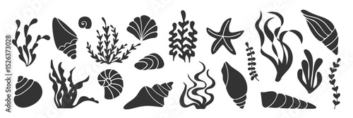 Vector set of seaweed, shells, starfish in flat black silhouettes. Minimal marine shapes for logo, packaging, sticker, kids craft, eco branding, beach travel design, ocean pattern, icon, summer decor