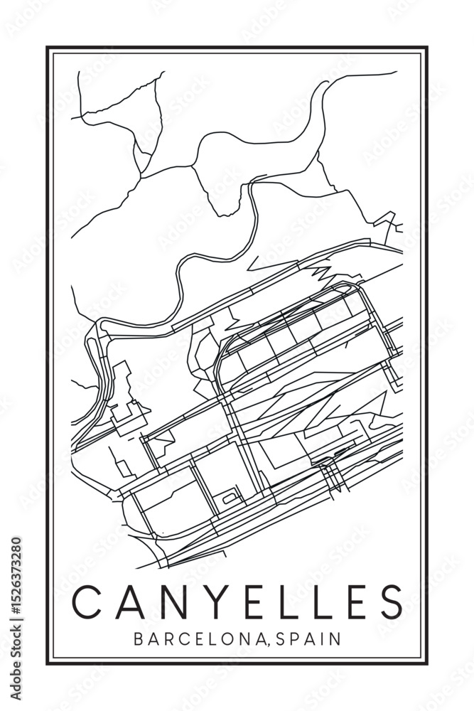 Obraz premium Hand drawn printable downtown road map poster of borough CANYELLES of the Spanish city of BARCELONA on solid white background with city name