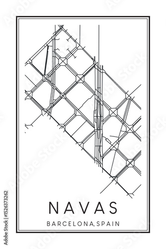 Hand drawn printable downtown road map poster of borough NAVAS of the Spanish city of BARCELONA on solid white background with city name